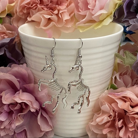 Gothic Silver Unicorn Skeleton Dangle Earrings - Picture 8 of 16